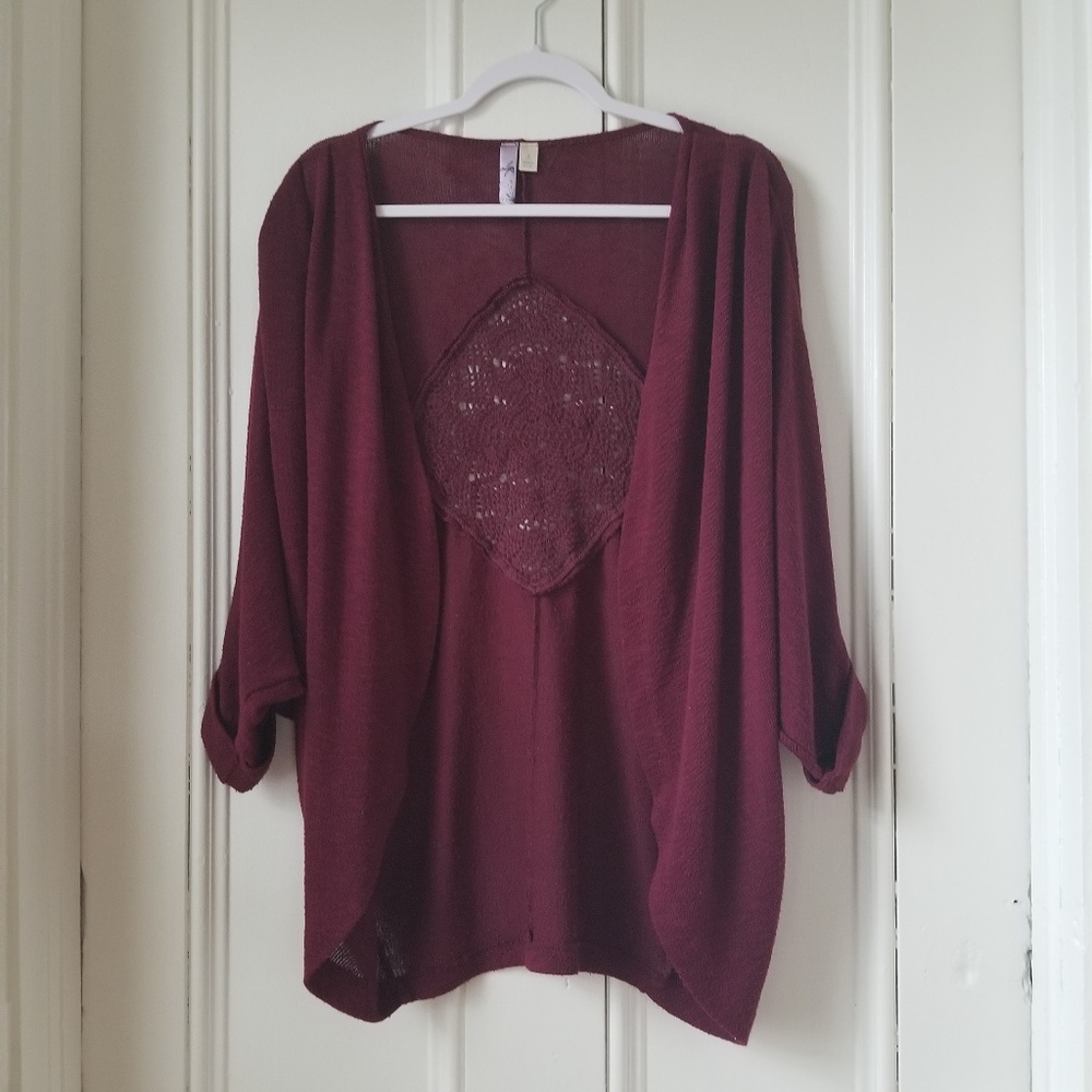 Maroon, Cozy Cardigan with Lace Detail